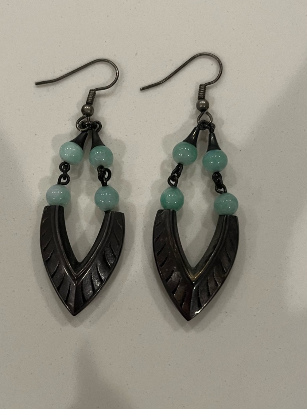 Vintage silver tone and light green bead dangle hook boho earrings